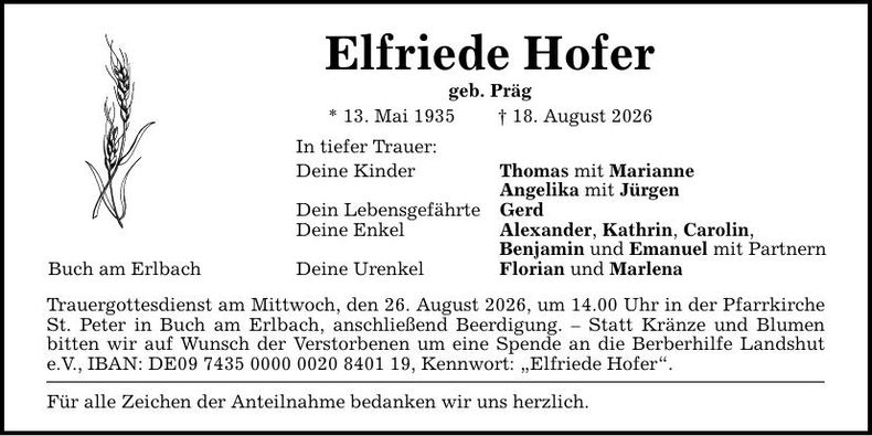 Traueranzeige Elfriede Hofer