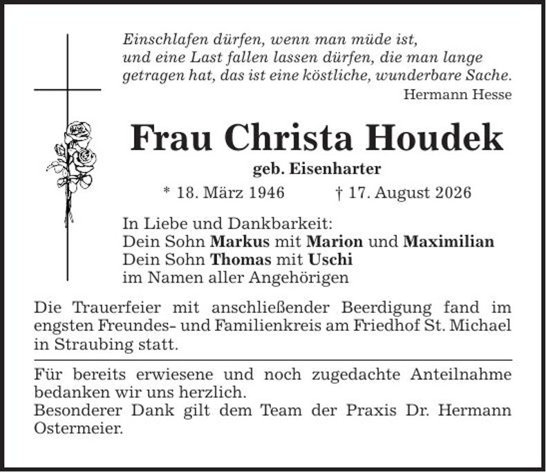 Traueranzeige Christa Houdek
