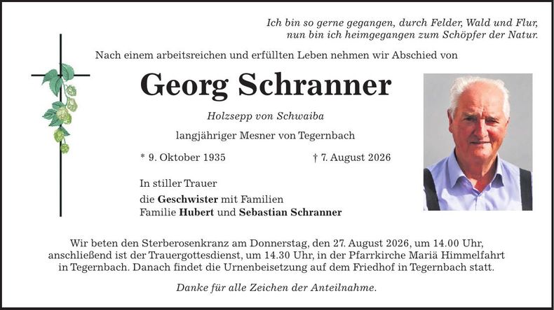 Traueranzeige Georg Schranner