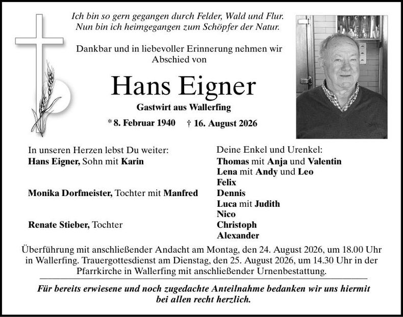 Traueranzeige Hans Eigner