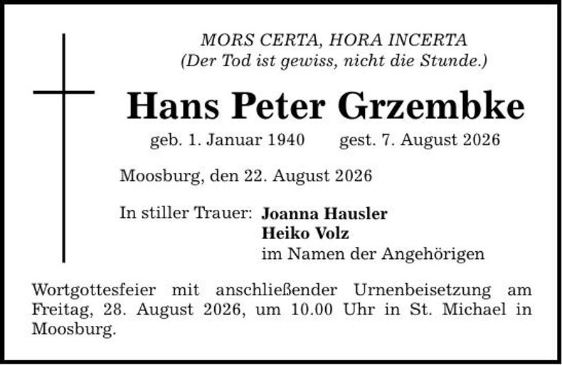 Traueranzeige Hans Peter Grzembke