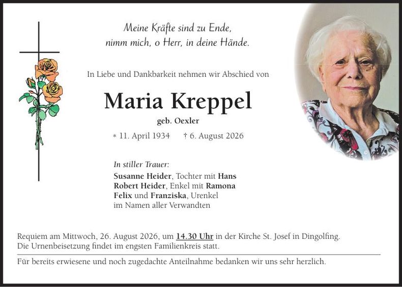 Traueranzeige Maria Kreppel