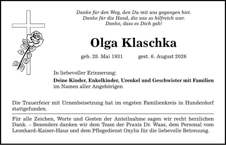 Traueranzeige Olga Klaschko
