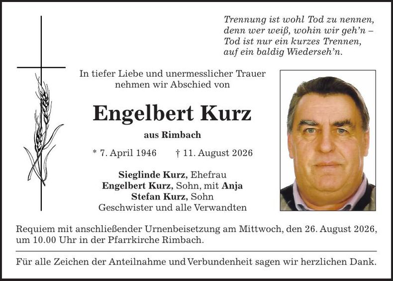 Traueranzeige Engelberg Kurz