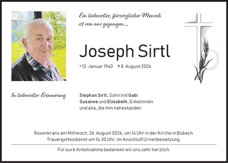 Traueranzeige Joseph Sirtl