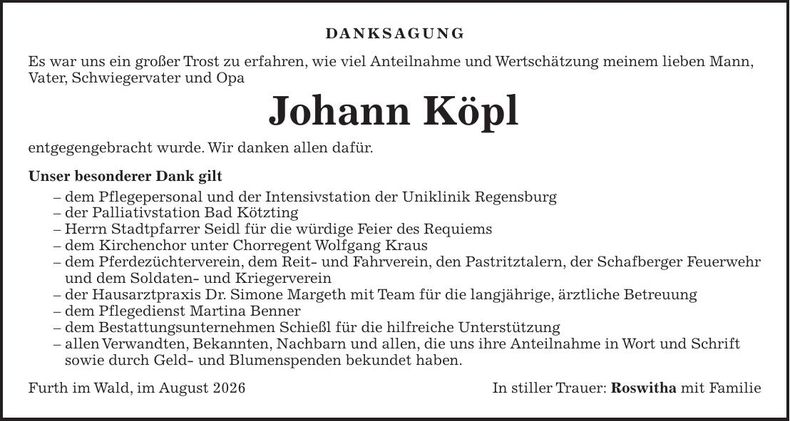 Traueranzeige Johann Köpl