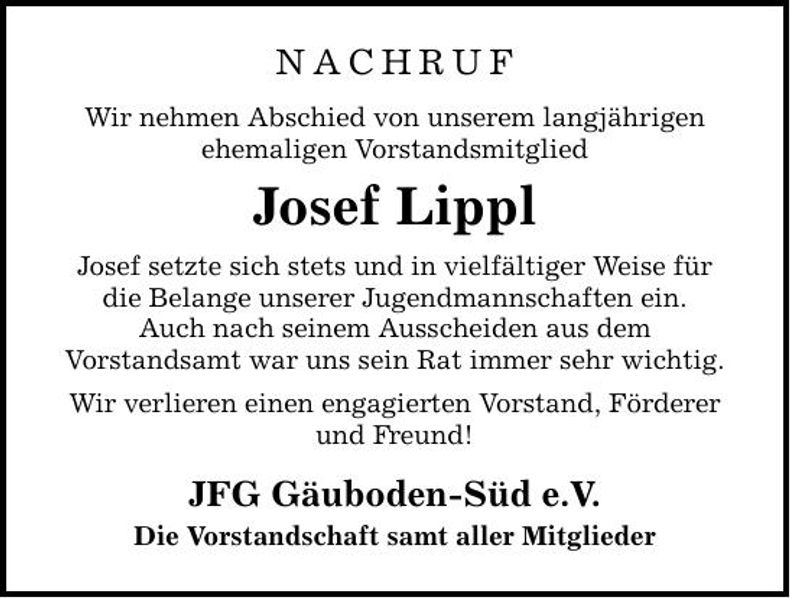 Traueranzeige Josef Lippl