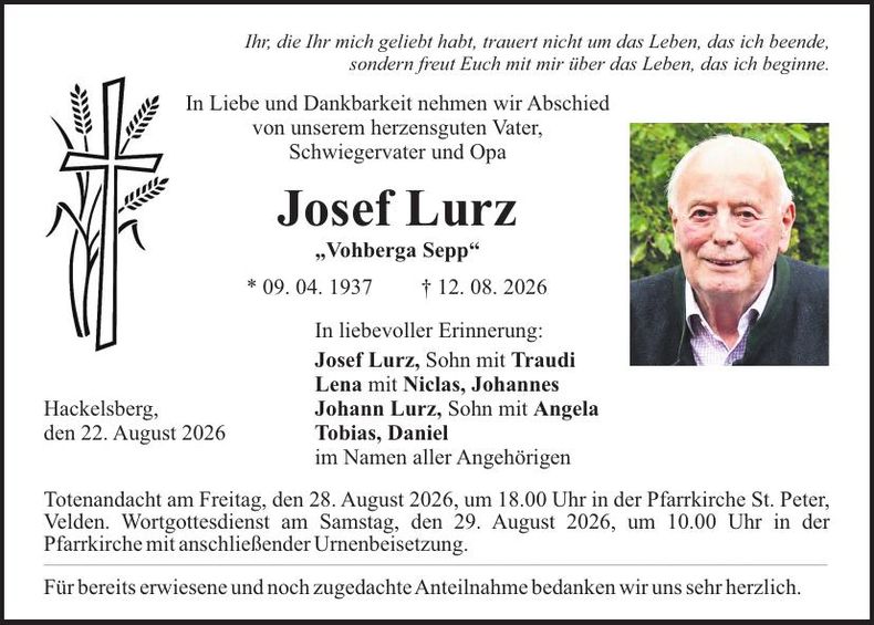 Traueranzeige Josef Lurz