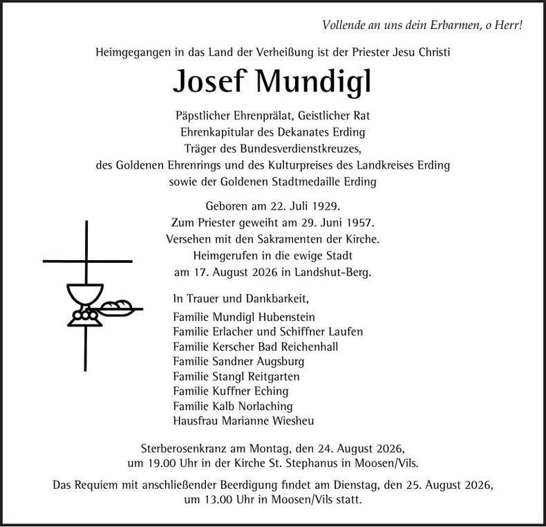 Traueranzeige Josef Mundigl