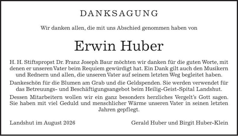 Traueranzeige Erwin Huber