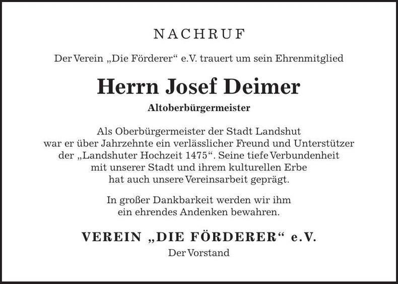 Traueranzeige Josef Deimer