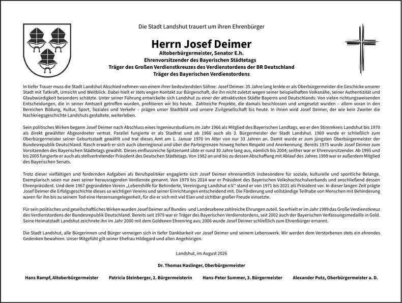 Traueranzeige Josef Deimer