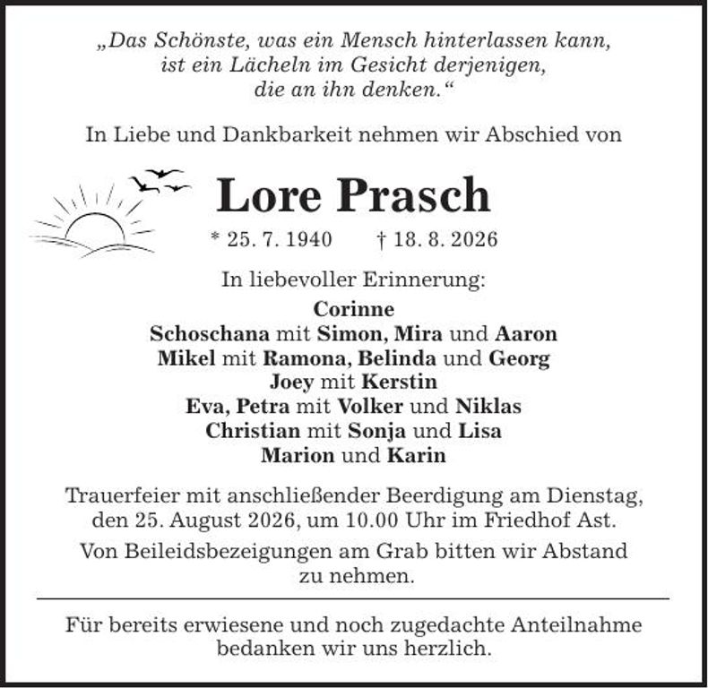 Traueranzeige Lore Prasch