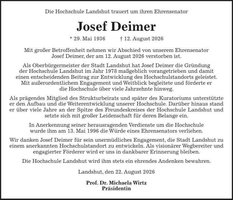 Traueranzeige Josef Deimer
