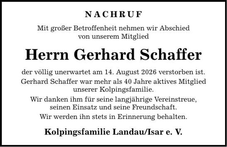Traueranzeige Gerhard Schaffer