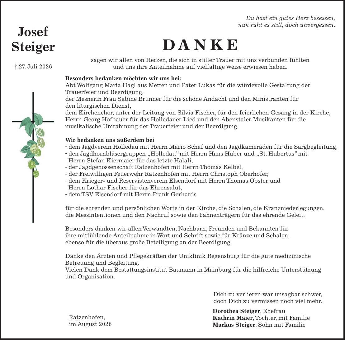 Traueranzeige Josef Steiger