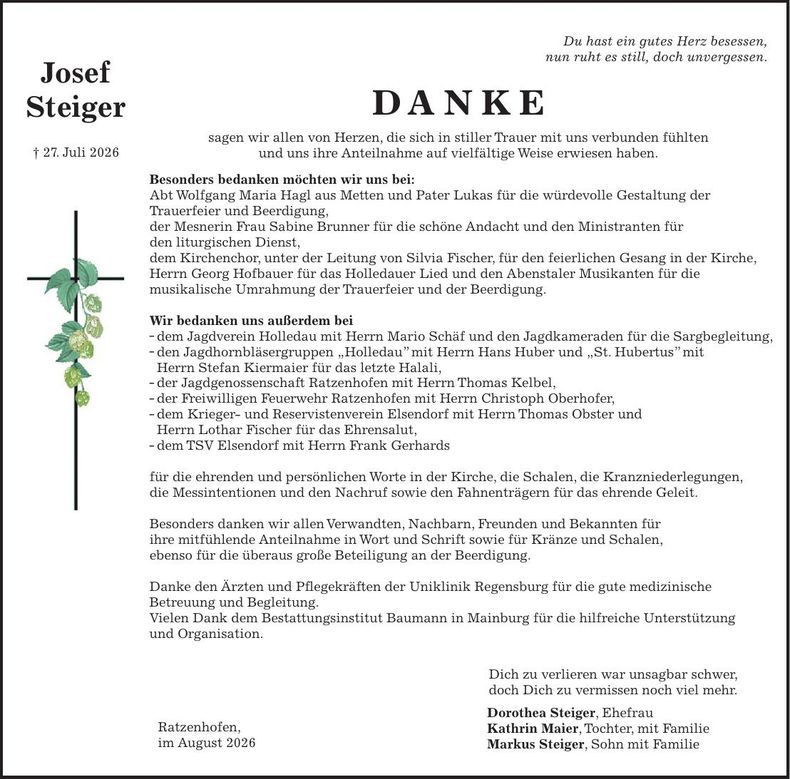 Traueranzeige Josef Steiger
