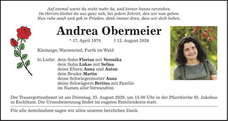 Traueranzeige Andrea Obermeier