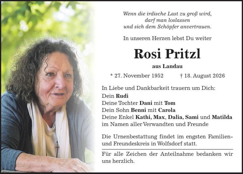 Traueranzeige Rosi Pritzl