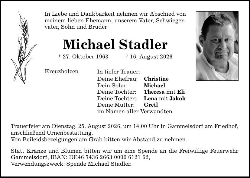 Traueranzeige Michael Stadler