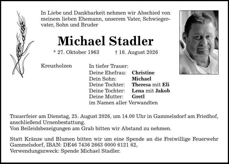 Traueranzeige Michael Stadler