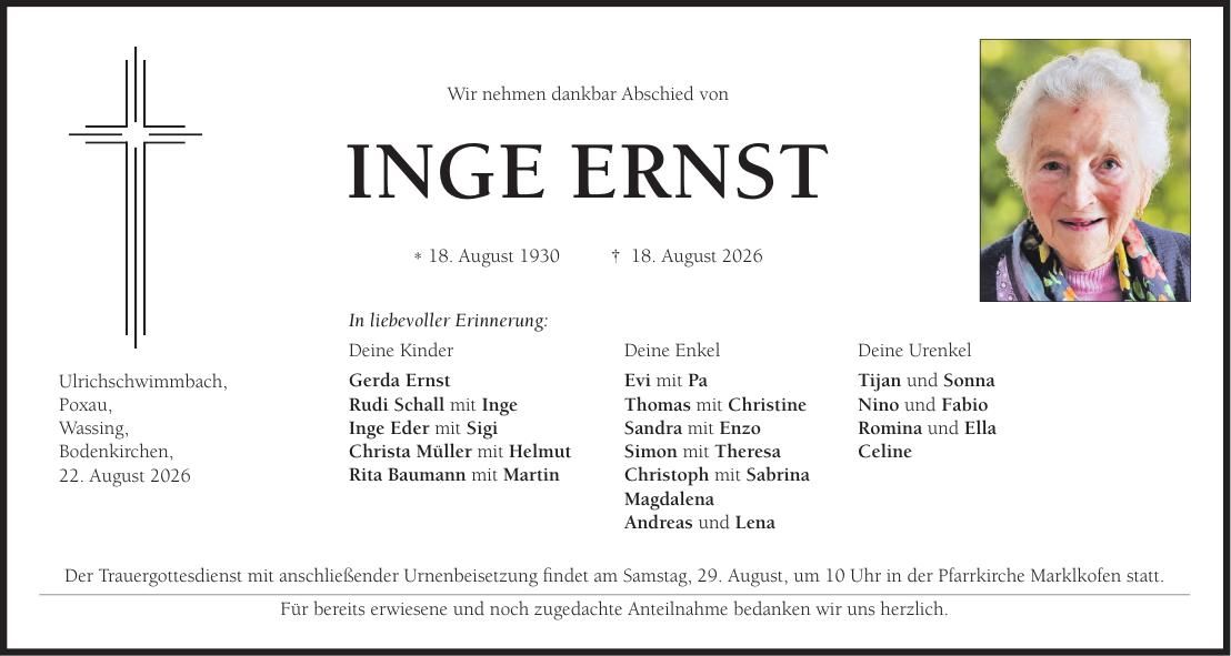 Traueranzeige Inge Ernst