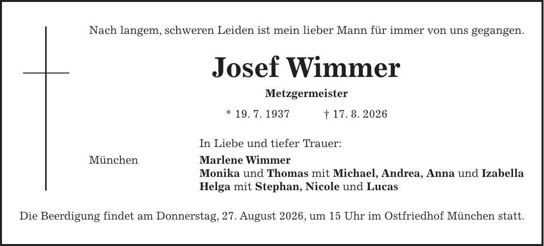 Traueranzeige Josef Wimmer