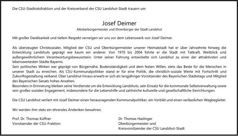 Traueranzeige Josef Deimer