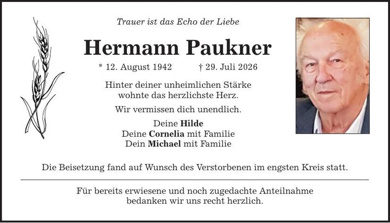 Traueranzeige Hermann Paukner