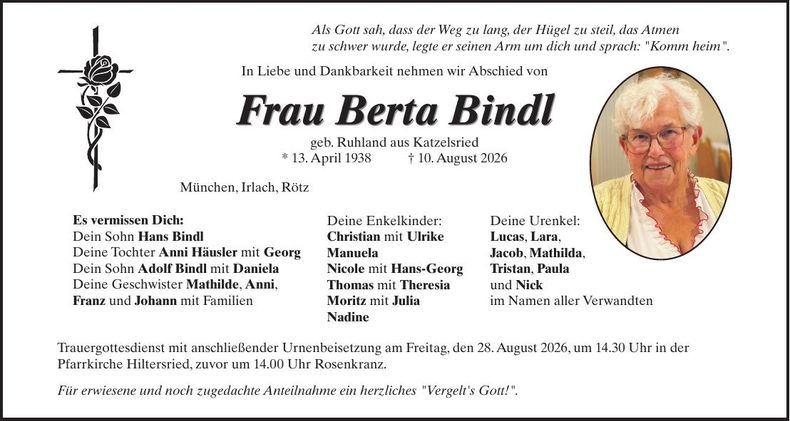 Traueranzeige Berta Bindl