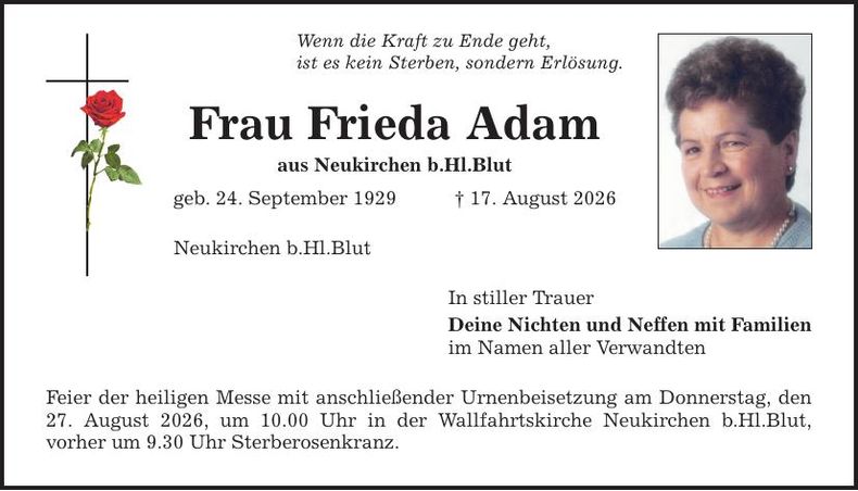 Traueranzeige Frieda Adam