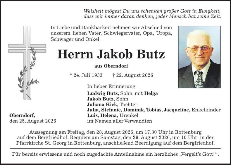Traueranzeige Jakob Butz