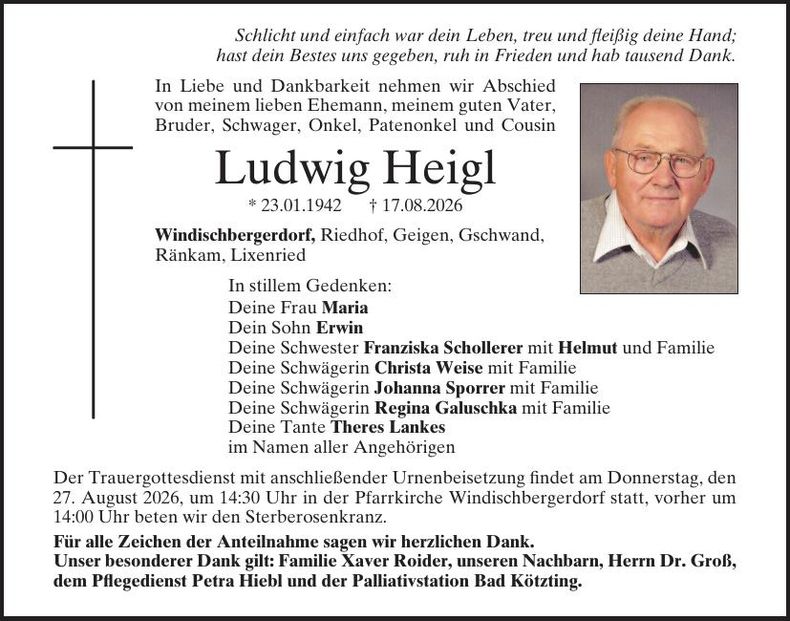 Traueranzeige Heigl Ludwig 