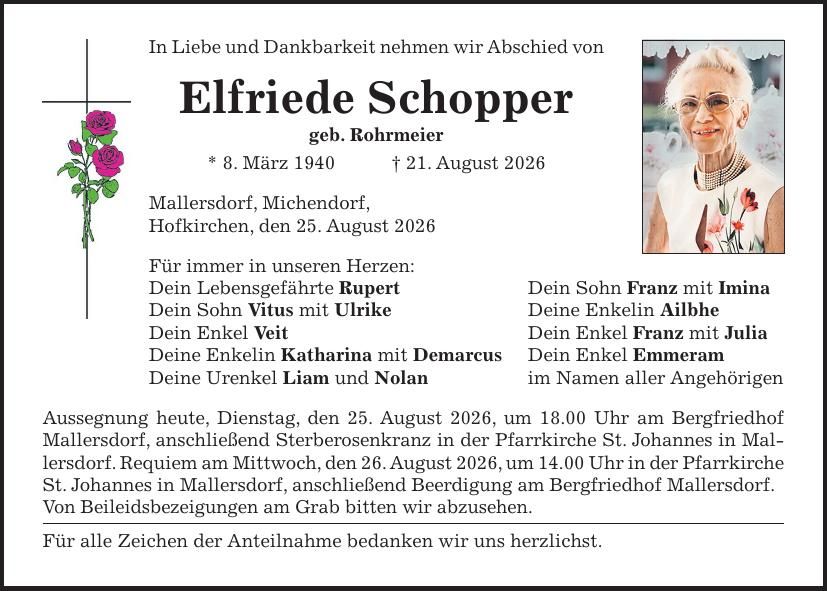 Traueranzeige Elfriede Schopper