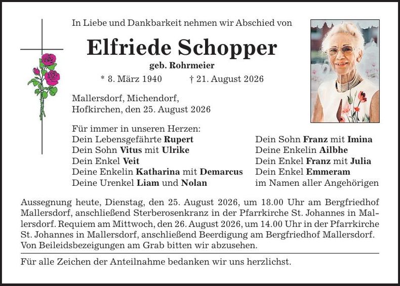 Traueranzeige Elfriede Schopper