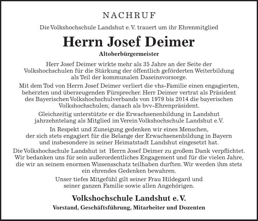 Traueranzeige Josef Deimer