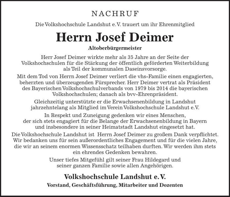 Traueranzeige Josef Deimer