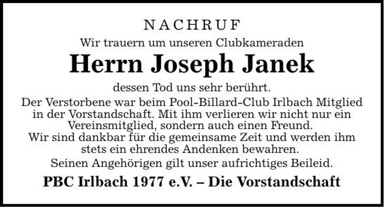 Traueranzeige Joseph Janek
