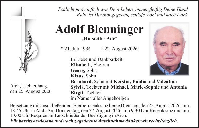 Traueranzeige Adolf Blenninger