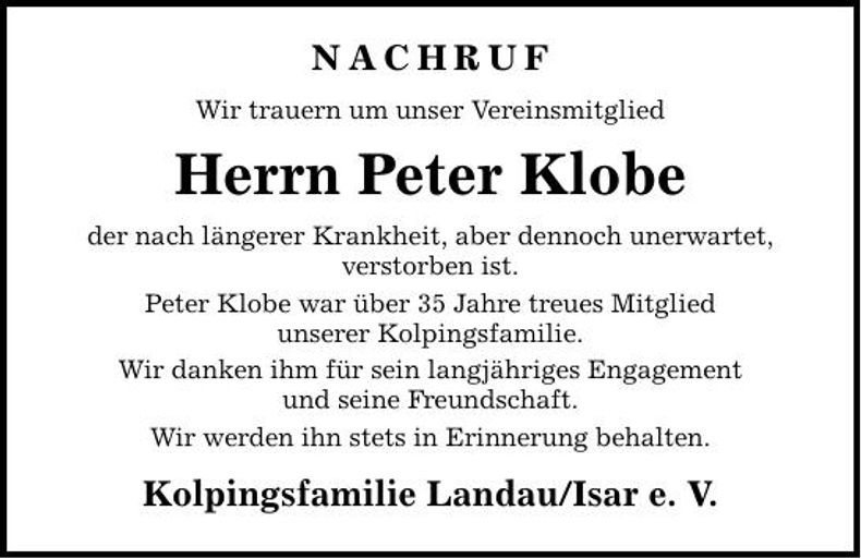 Traueranzeige Peter Klobe