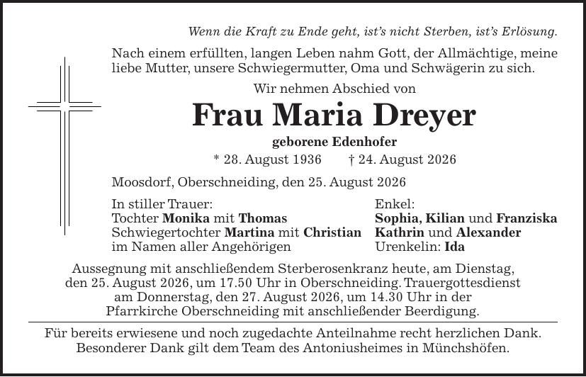 Traueranzeige Maria Dreyer