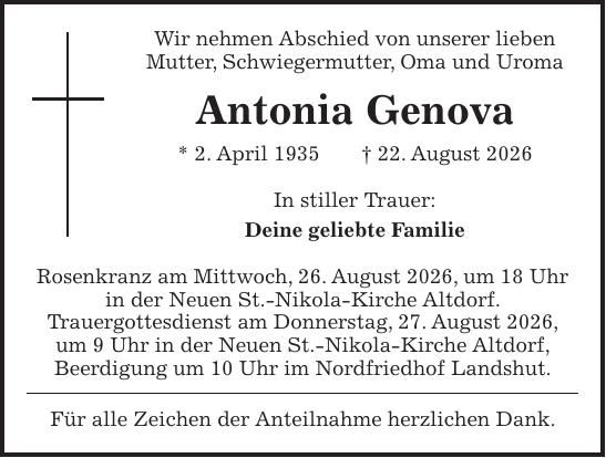 Traueranzeige Antonia Genova