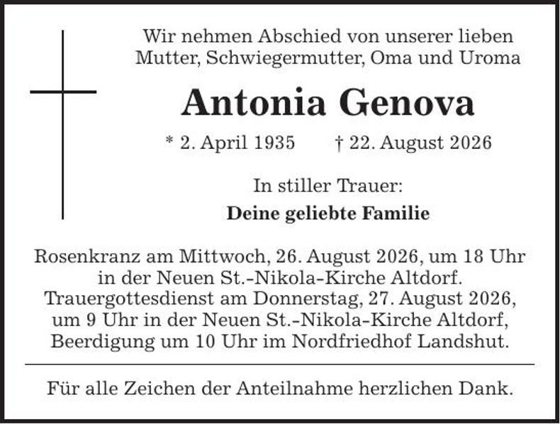 Traueranzeige Antonia Genova