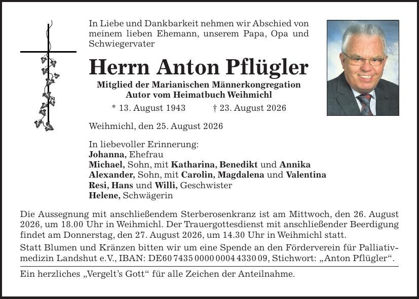 Traueranzeige Anton Pflügler