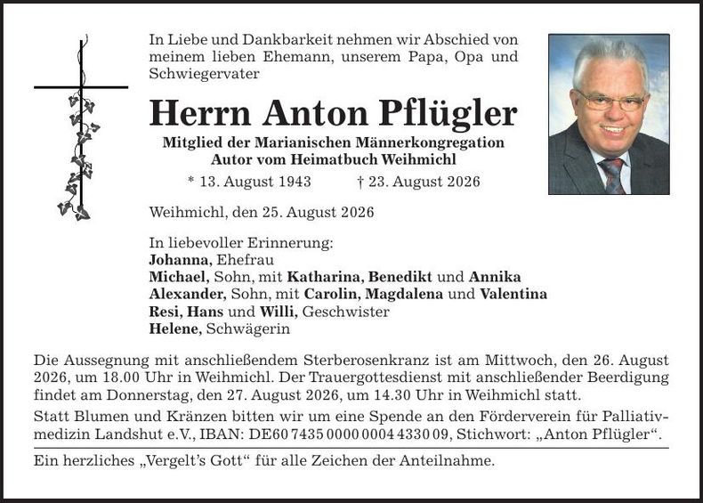 Traueranzeige Anton Pflügler