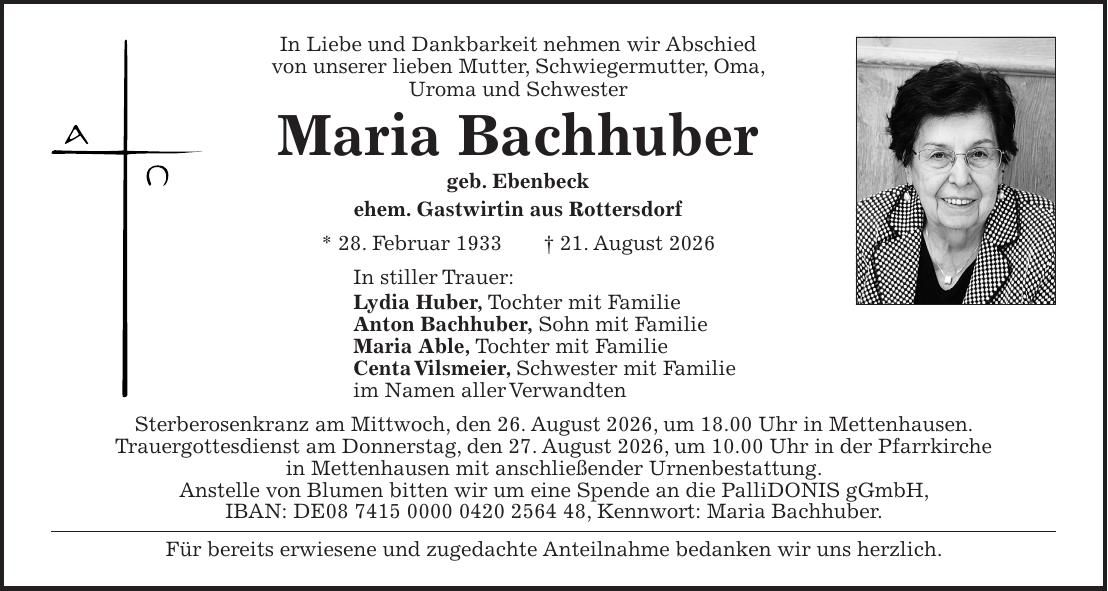 Traueranzeige Maria Bachhuber