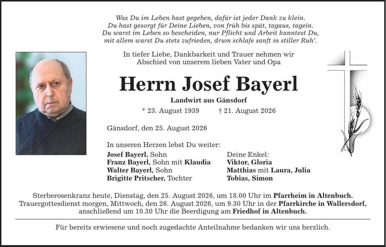 Traueranzeige Josef Bayerl