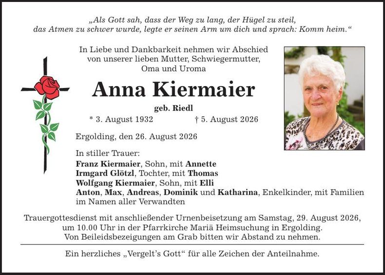 Traueranzeige Anna Kiermaier