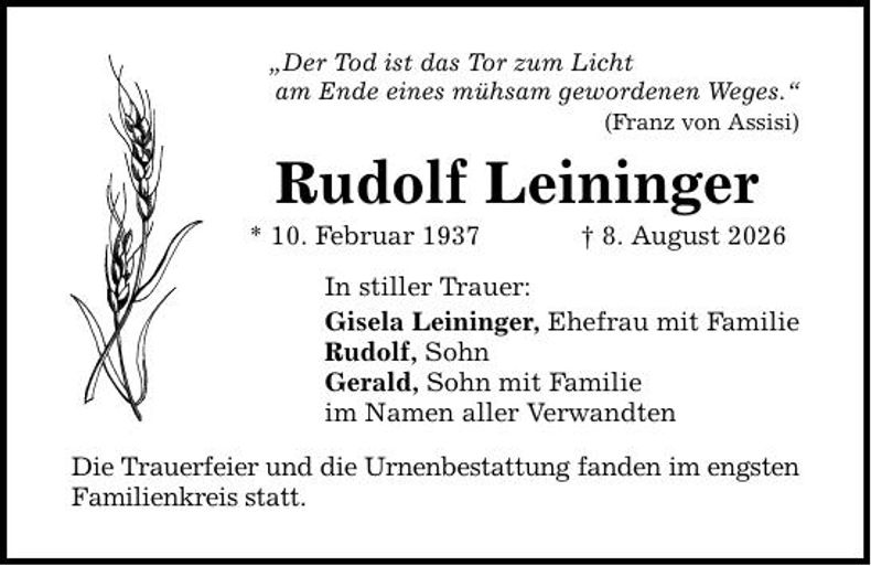 Traueranzeige Rudolf Leininger