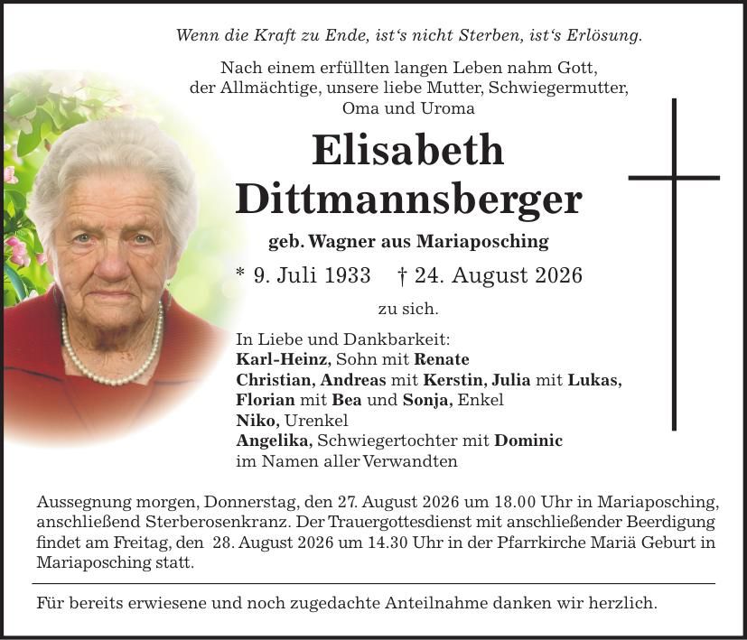 Traueranzeige Elisabeth Dittmannsberger